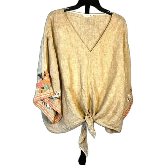 Spartina100% Linen Front tie Vacation, Summer Blouse Embroidered Sleeves XXL - Picture 1 of 6